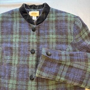 Talbots Tartan Plaid Wool Blend Blazer Classic Navy Green Jacket Velvet Collar 8
